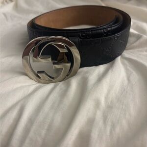 Gucci Black Embossed Leather Belt with Silver Logo Buckle